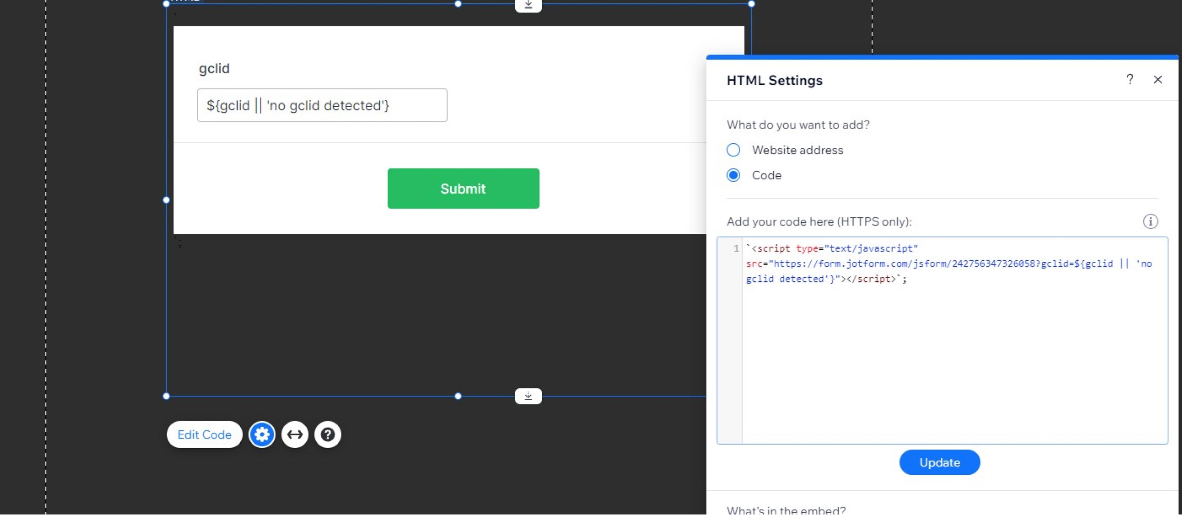 Embed jotform into wix using code