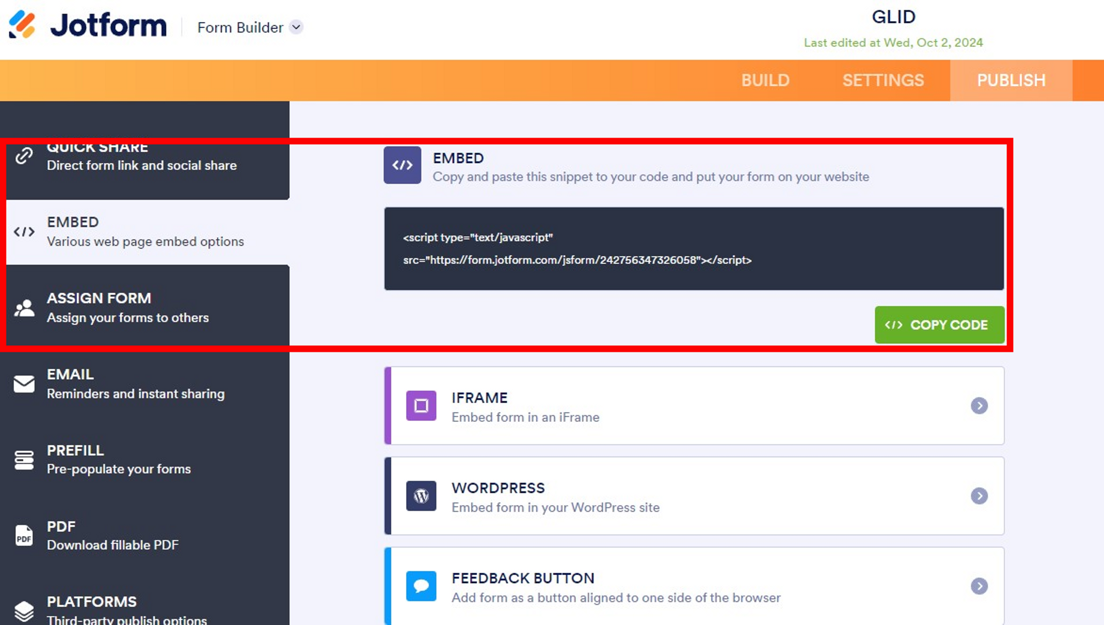 the embed choices in Jotform