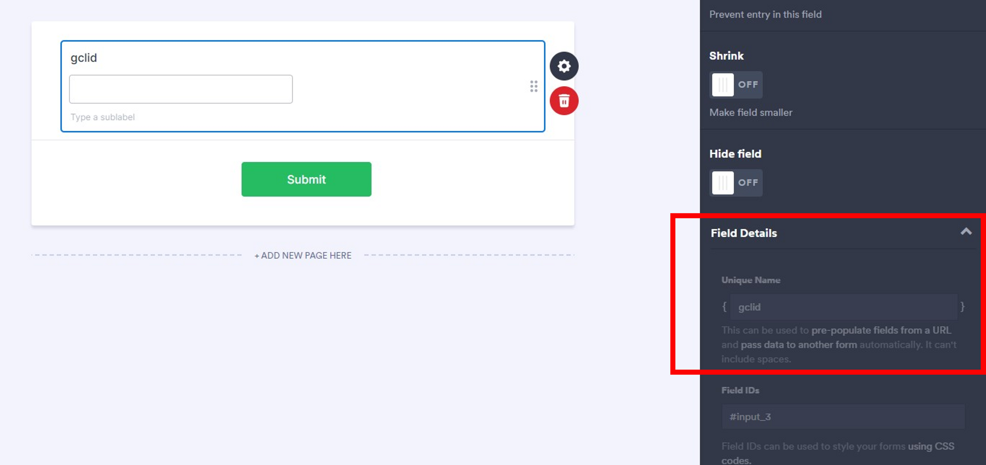 Where to input the unique name field in jotform