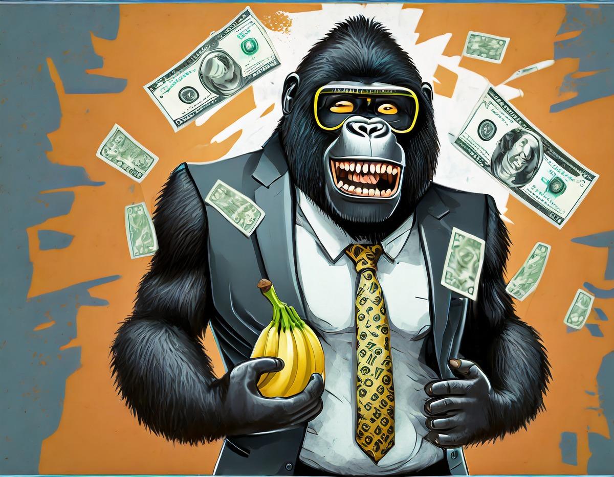 Gorilla offering a banana with money all around